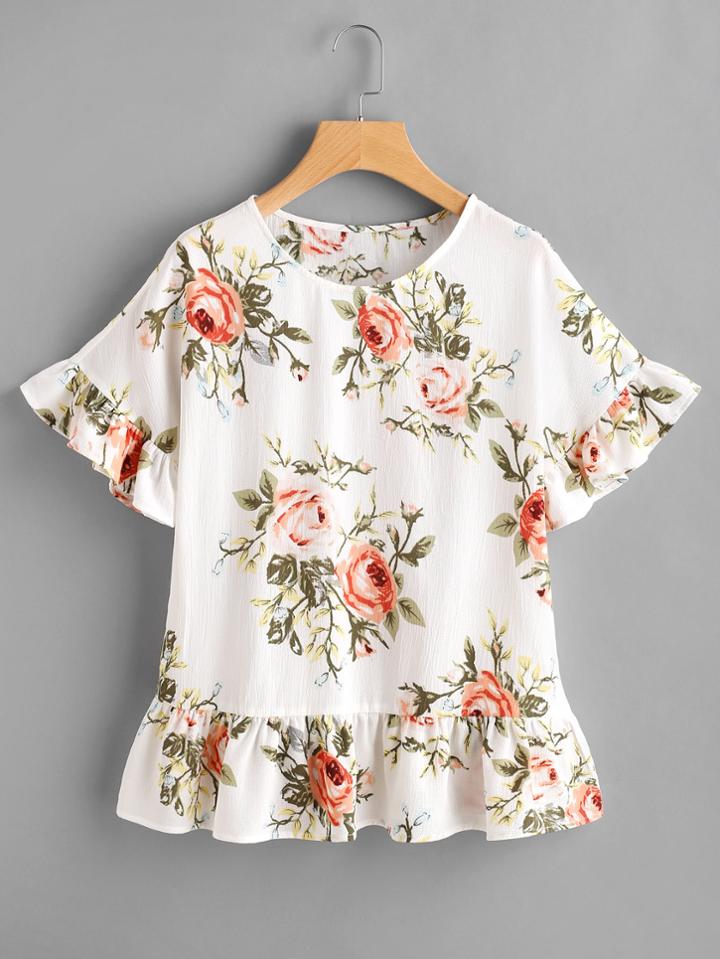 Romwe Flower Print Frill Trim Top