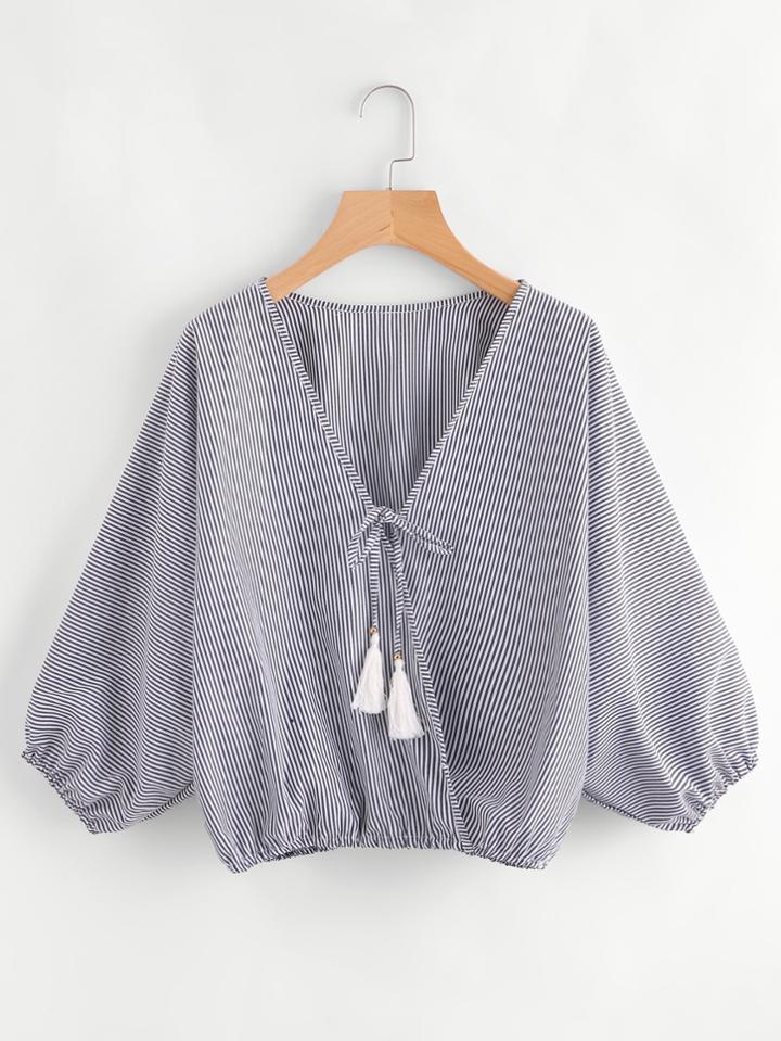 Romwe V Neckline Fringe Tie Striped Surplice Blouse