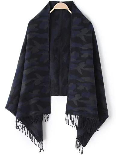 Romwe Camo Fringe Navy Black Scarf