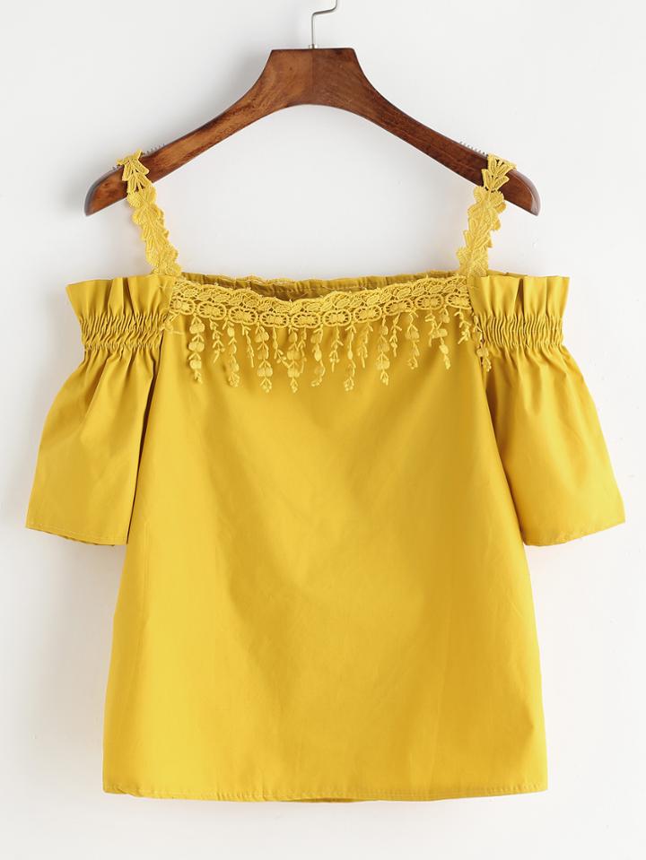 Romwe Yellow Crochet Detail Cold Shoulder Shirred Top