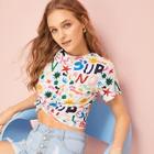 Romwe Colorful Letter & Geo Print Tee