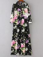 Romwe Black Floral Print Button Up Maxi Dress