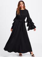Romwe Pearl Beading Bell Sleeve Belted Hijab Evening Dress