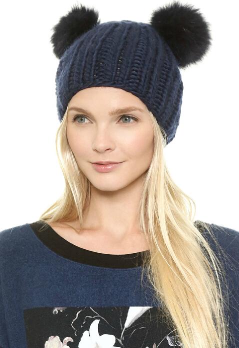 Romwe Cute Pompon Embellished Beanie--navy Blue