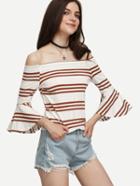 Romwe Brown Striped Bell Sleeve Off The Shoulder Top