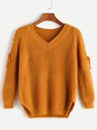 Romwe Ginger V Neck Raglan Sleeve Lace Up Slit Sweater