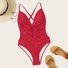 Romwe Open Back Ruched One Piece Swimwear