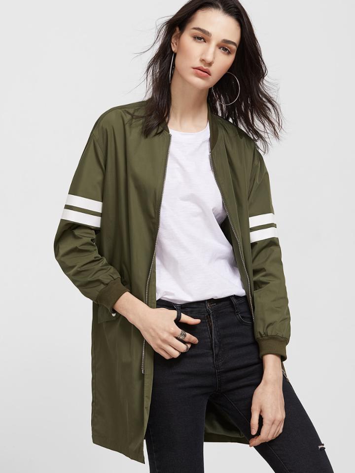 Romwe Olive Green Striped Sleeve Longline Zip Up Bomber Jacket