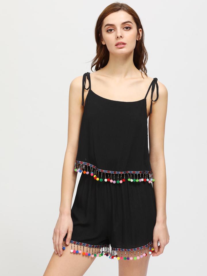 Romwe Self Tie Shoulder Pom Pom Trim Double Layer Playsuit