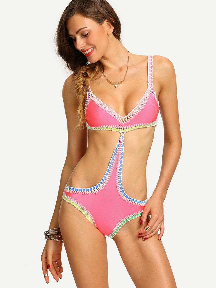 Romwe Braided Trim Cutout One-piece Swimwear - Pink