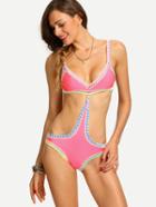 Romwe Braided Trim Cutout One-piece Swimwear - Pink