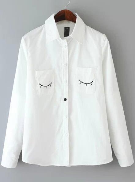 Romwe White Long Sleeve Eyelash Print Pockets Blouse