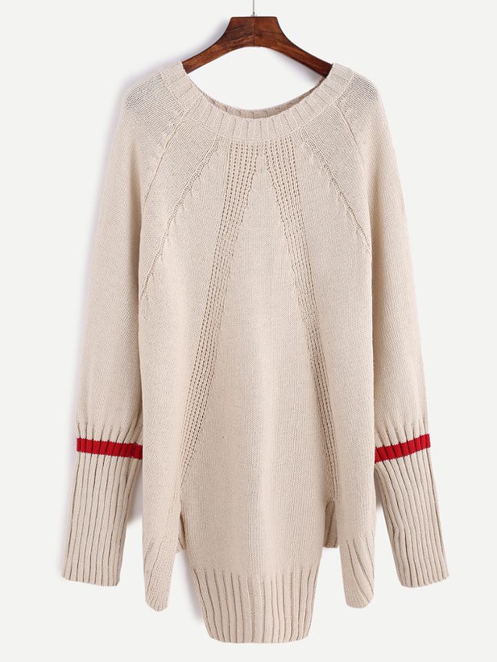 Romwe Apricot Contrast Trim Raglan Sleeve Slit Hem Sweater