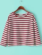 Romwe Round Neck Striped Loose Red And White T-shirt