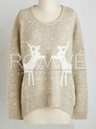 Romwe Apricot Round Neck Deer Print Sweater