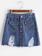 Romwe Blue Ripped Single Breasted Two Pockets Denim Skirt