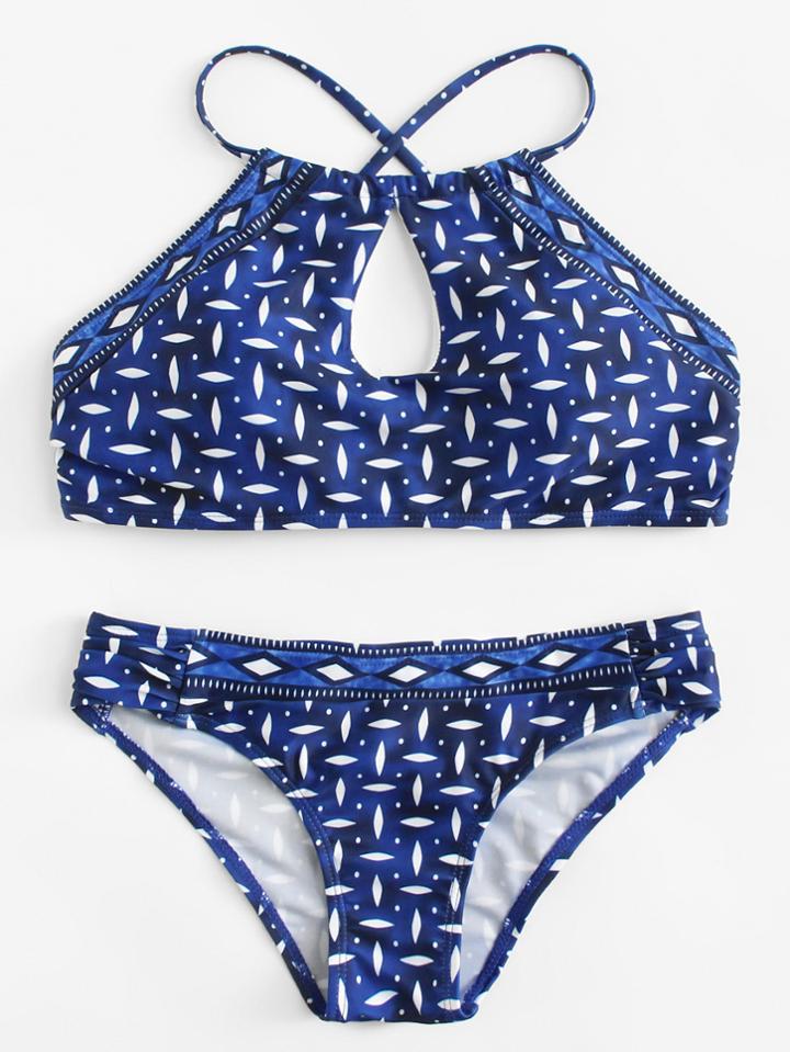Romwe Geometric Print Keyhole Bikini Set