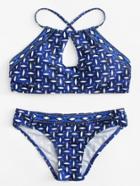 Romwe Geometric Print Keyhole Bikini Set