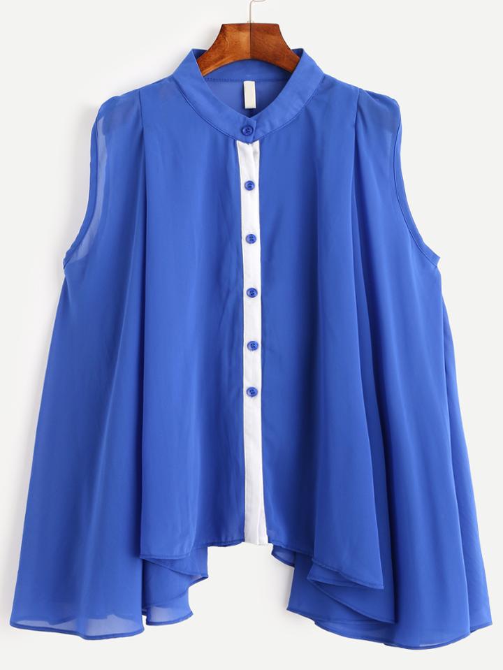 Romwe Royal Blue Contrast Placket Asymmetrical Chiffon Blouse