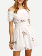 Romwe Off-the-shoulder Embroidery Shirred Dress