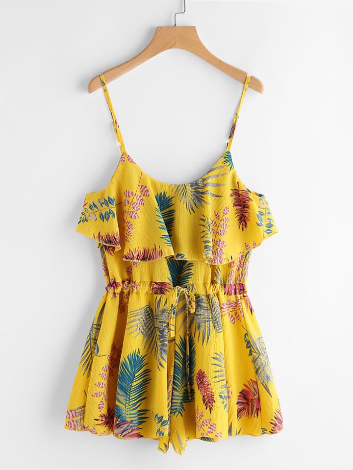 Romwe Leaf Printed Random Layered Drawstring Waist Cami Romper