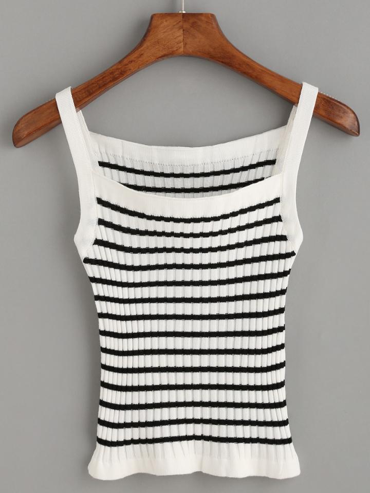 Romwe White Striped Ribbed Cami Top