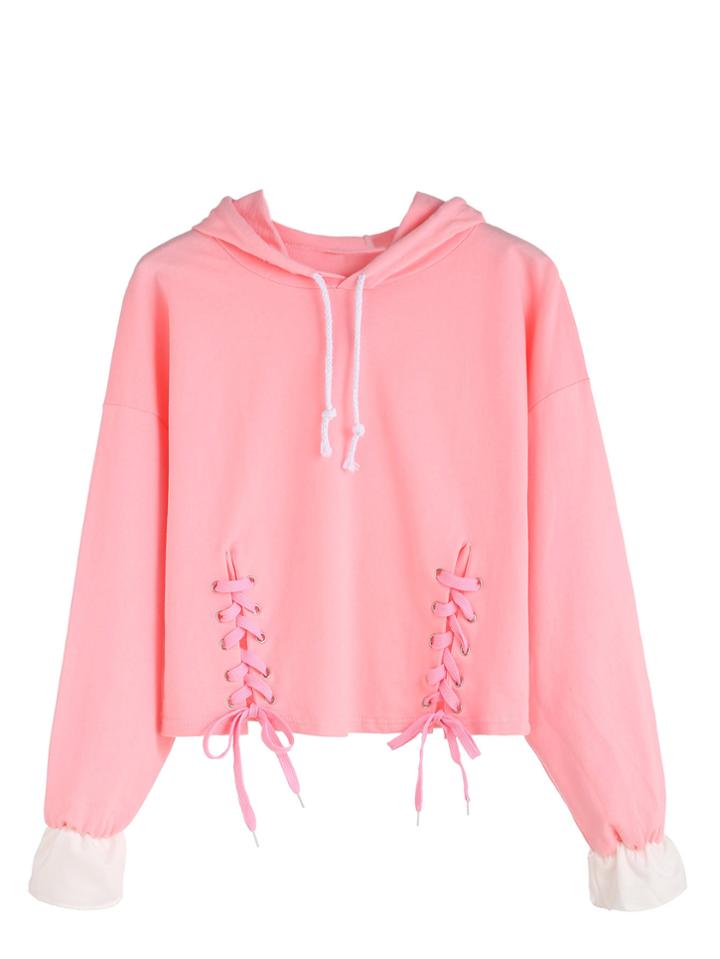 Romwe Pink Dropped Shoulder Seam Lace Up Drawstring Hooded Sweatshirt