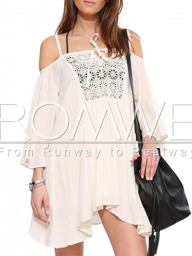 Romwe Beige Off The Shoulder Crochet Front Swing Dress