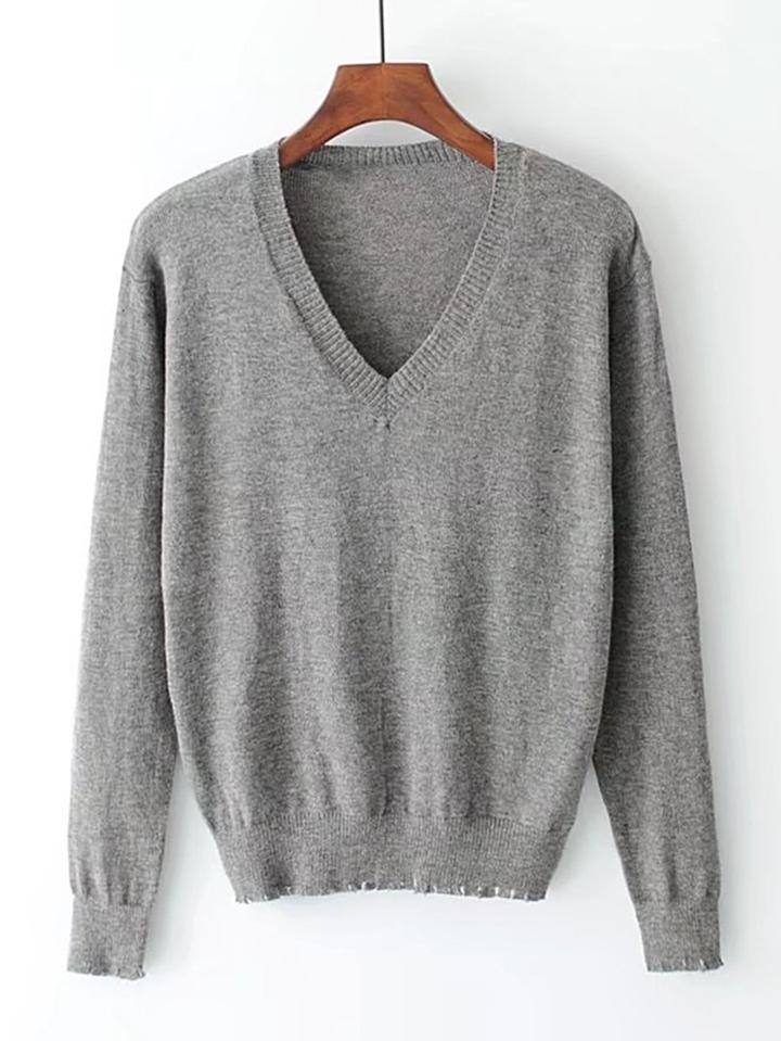 Romwe Ribbed V Neckline Knitwear