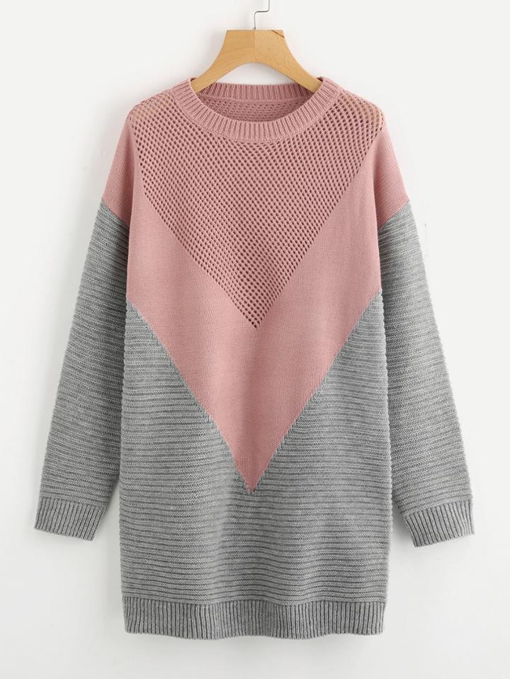 Romwe Eyelet Panel Color Block Chevron Jumper