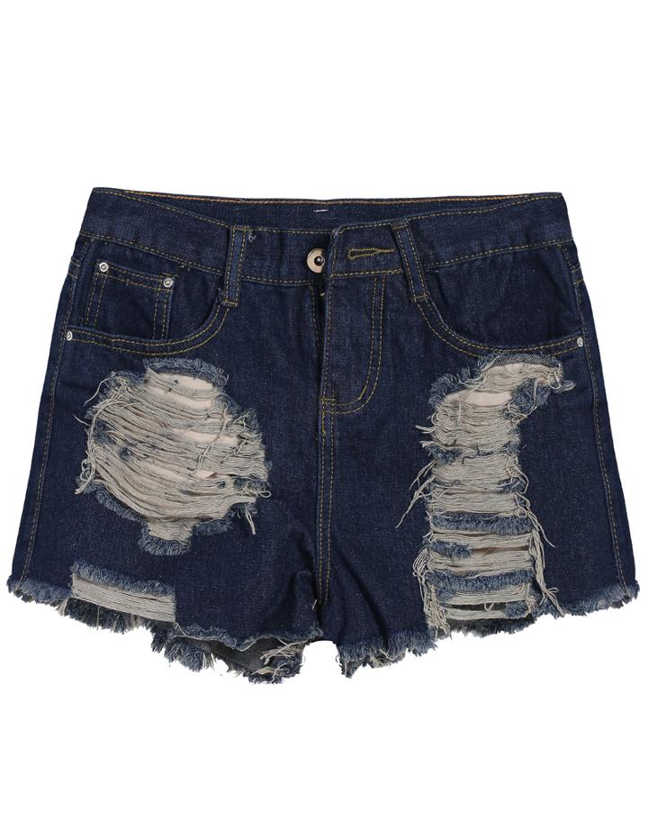 Romwe Ripped Pockets Denim Navy Shorts