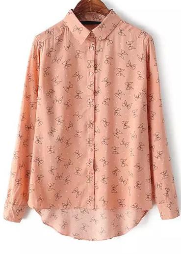Romwe Pink Long Sleeve Bow Print Dipped Hem Blouse