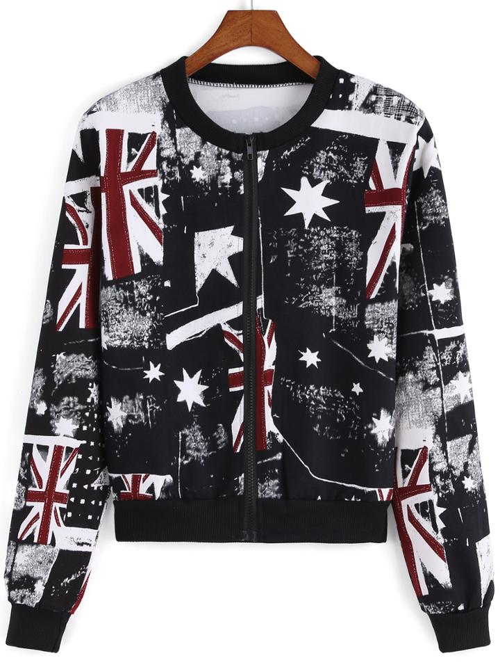 Romwe Flag Print Zipper Sweatshirt