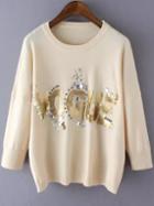 Romwe Sequined Bead Letter Pattern Apricot Sweater