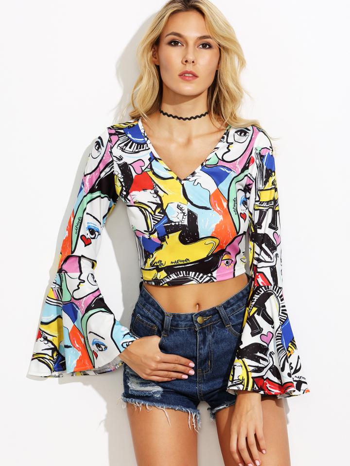 Romwe Graffiti Print V Neck Bell Sleeve Crop T-shirt