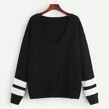 Romwe Plus V-neck Drop Shoulder Striped Jumper