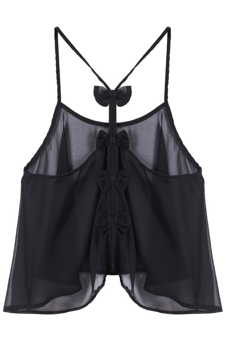 Romwe Spaghetti Strap Bow Chiffon Black Vest
