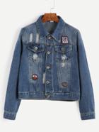 Romwe Blue Ripped Patches Denim Jacket