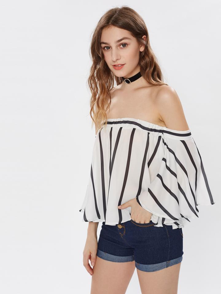 Romwe Bardot Bell Sleeve Split Back Top