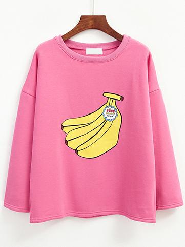 Romwe Banana Print Loose Rose Red Sweatshirt