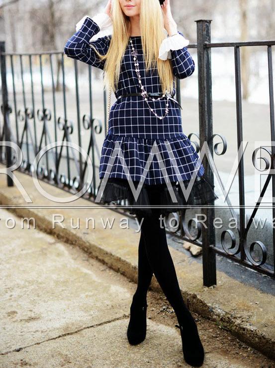 Romwe Blue Long Sleeve Plaid Ruffle Dress