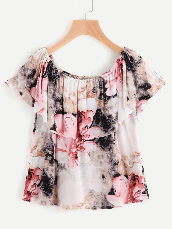 Romwe Flounce Layered Neckline Florals Top