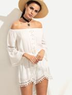 Romwe White Off The Shoulder Lace Up Pom-pom Romper