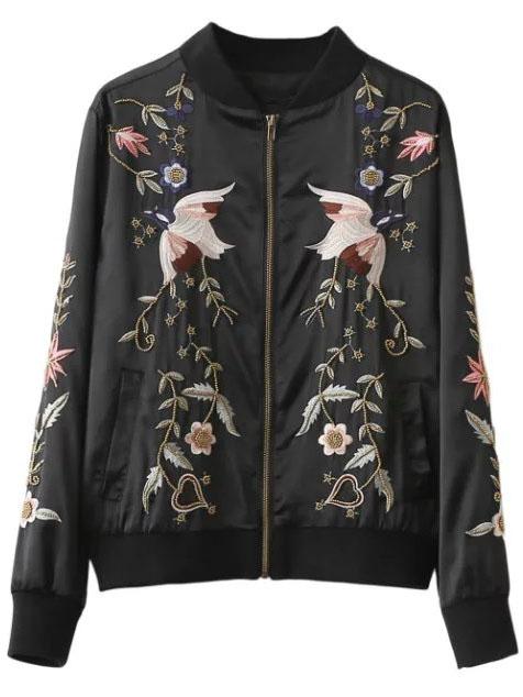Romwe Black Bird Embroidery Zipper Up Jacket