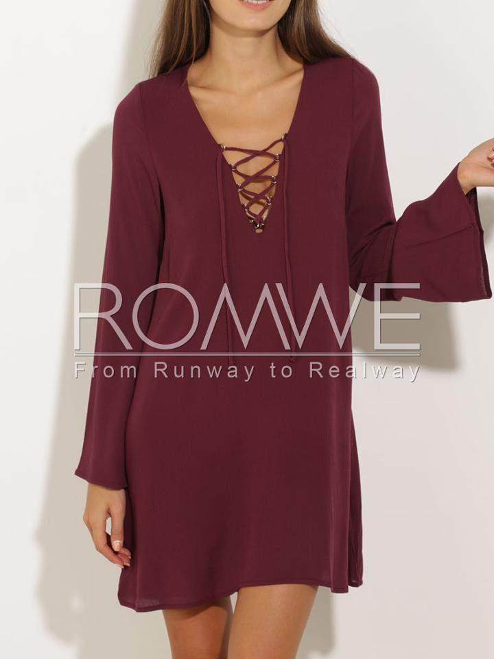 Romwe Wine Red Long Sleeve Lace Up Dress