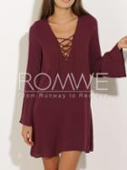 Romwe Wine Red Long Sleeve Lace Up Dress