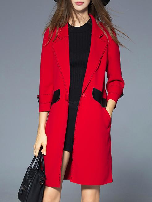 Romwe Red Lapel Contrast Pu Pockets Coat