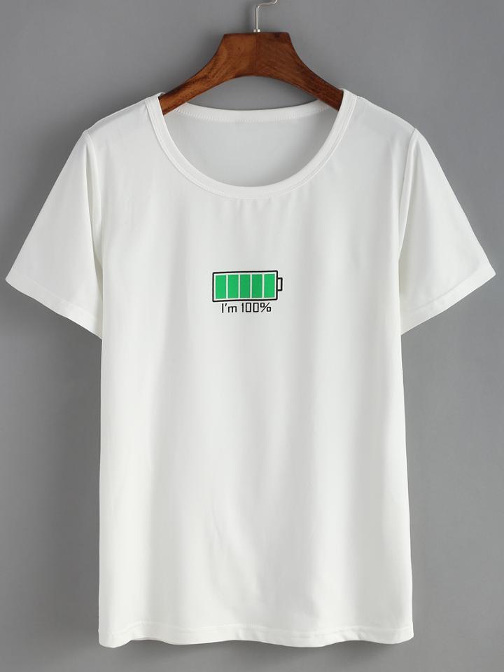 Romwe Battery Print White T-shirt