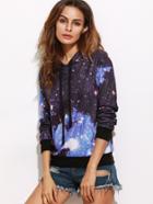 Romwe Navy Galaxy Print Hoodie With Pocket