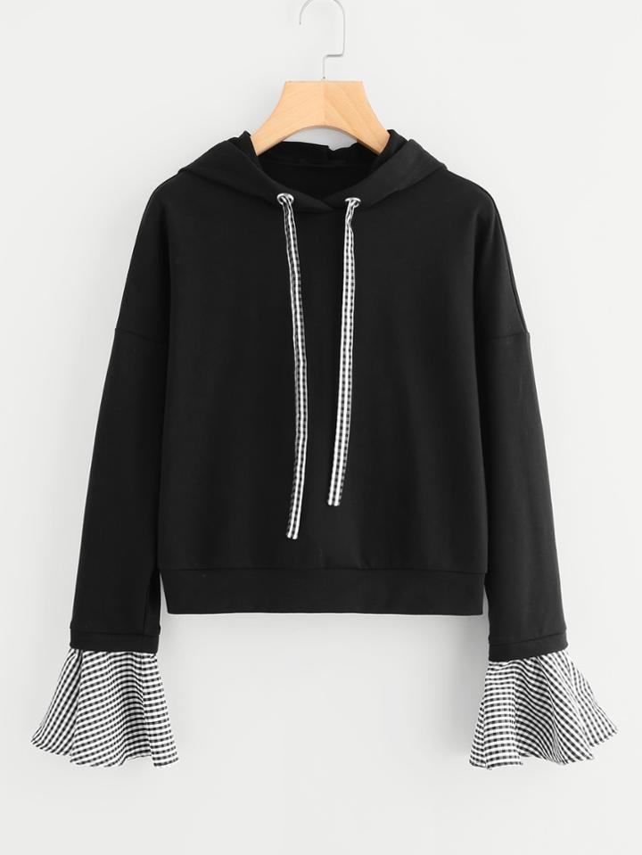 Romwe Gingham Drawstring And Bell Cuff Hoodie